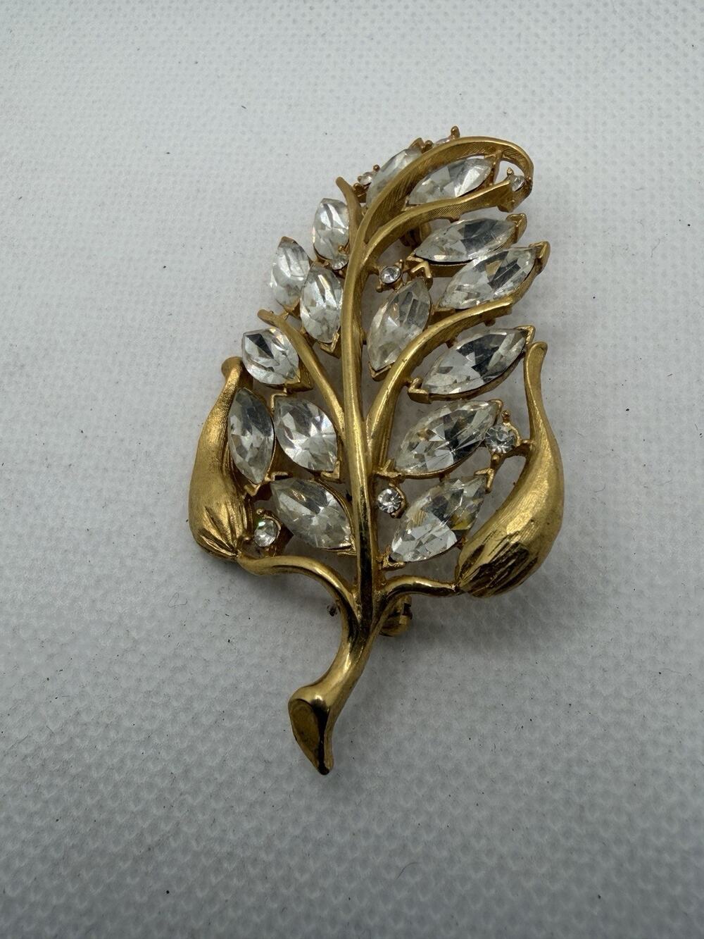 Vintage gold-tone tree leaf brooch, clear marquise cut rhinestones, Trifari? MCM